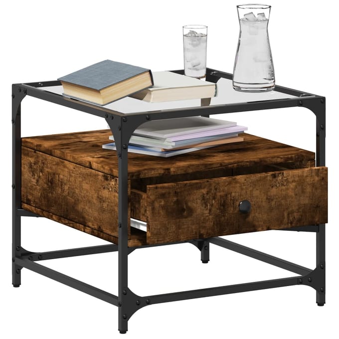 vidaXL - Salontafel - met - glazen - blad - 50x50x45 - cm - gerookt - eiken - staal