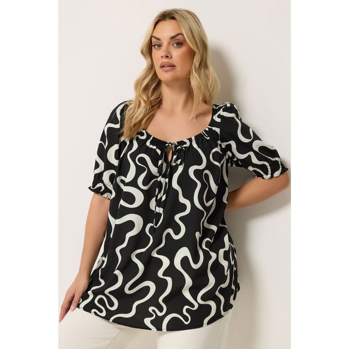 Yours Zwarte Blouse Met Abstracte Print En Strik Aan De Voorkant Size 46