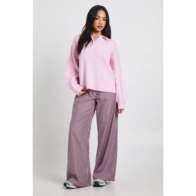 boohoo Dames Geweven Gestreepte Broek met Elastische Taille en Wijde Pijpen | Wijn | Maat: 34