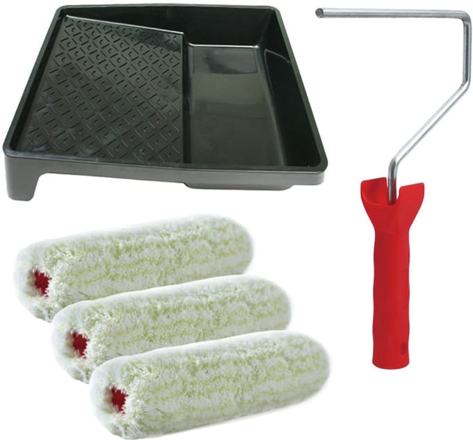 Sorex pluisvrije verfrollers schilderen set - met beugel en verfbak - 3x anti spat vacht rollers - breedte 18 cm - dikte 9 cm