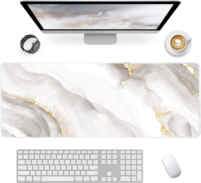 Bureauonderlegger met antislip rubberen basis, bureaumat voor toetsenbord, pc, laptop, wit marmer