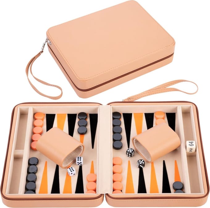 Backgammon Koffer – Luxe Backgammon Set – Lederen Bordspel – Reisspel Set - Draagbaar – Spelset