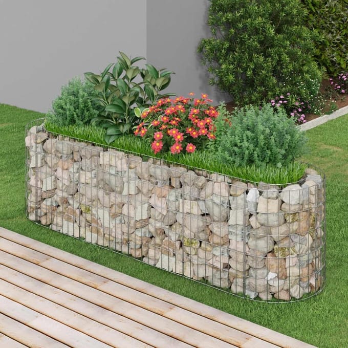 Schanskorf Bloembed - Stenen mand - Tuin Decoratie - Robuuste Constructie - 190x50x50 cm - Zilver