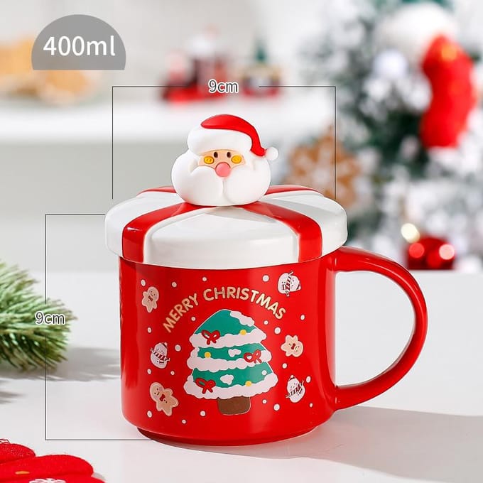 Kerstbeker Creatieve Kerst Keramische Beker Leuke Mok met Deksel Lepel Beker Set Cadeau 400ML gray