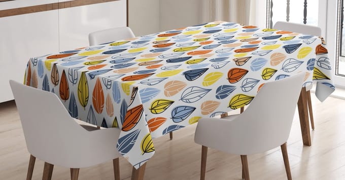 ABAKUHAUS tafelkleed – herfstbladeren – 140x240 cm – satijn, wit/multicolor