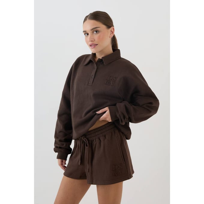 Dames Dsgn Studio Sweat Short Met Applique Van Dezelfde Stof In Losse Pasvorm | Dark Chocolate | Maat: Medium