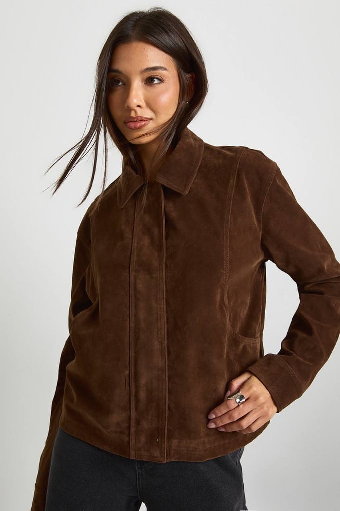 boohoo Dames Namaaksuede jasje met kraag | Chocolate | Maat: 14