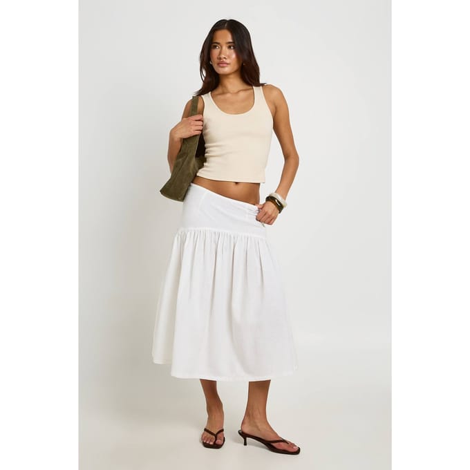boohoo Dames Linnen-look Midi Rok Met Verlaagde Taille | Wit | Maat: 42