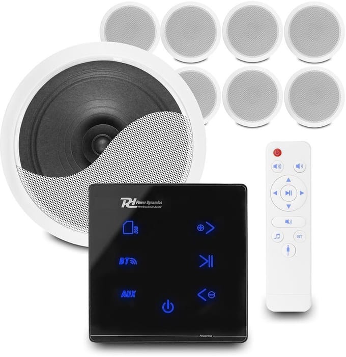 Power Dynamics set van 8 CSPS6 plafondspeakers met de A100B inbouw versterker - Bluetooth - 4x 20W