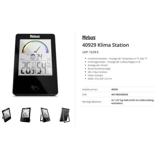 Mebus 40929 Thermo- en hygrometer Zwart