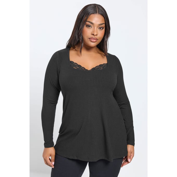 Yours Zwarte Geribbelde Top Met Kanten Inzetstuk Size 42