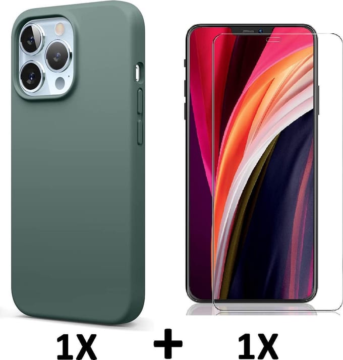 HB Hoesje Geschikt voor Apple iPhone 13 Pro Max - Groen / Glazen Screenprotector - Siliconen Back Cover