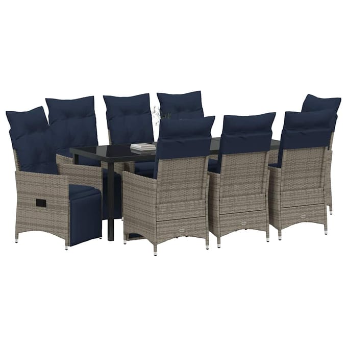 vidaXL - Tafel - en - stoelen - set - 9 - st - Grijs - PE - Riet