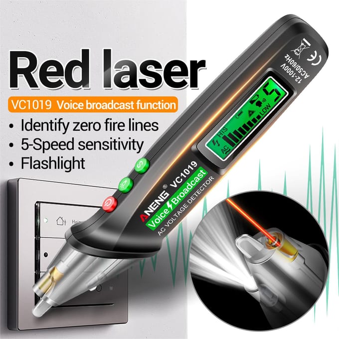ANENG VC1019 LCD digitale testpen Contactloze spraakuitzending Tester Pengevoeligheid instelbaar zwart