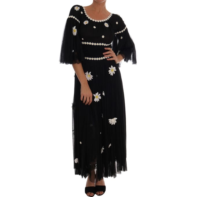 Dolce & Gabbana Geborduurde Jurk van Zwart Zijde Daisy