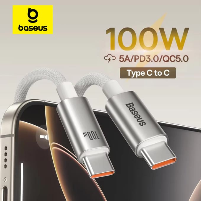 Baseus 100W USB-kabel voor iPhone 17 16 15 pro max USB C naar Type C snellaadkabel voor Xiaomi Samsung MacBook iPad mobiele telefoon White