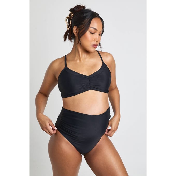 boohoo Dames Zwangerschaps Hoge Taille Gerimpelde Bikinibroek | Zwart | Maat: 36