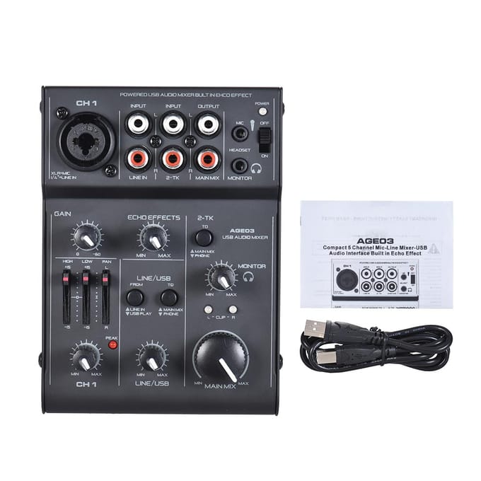 AGE03 Mini console de mixage micro-ligne 5 canaux avec interface audio USB Echo intégré black