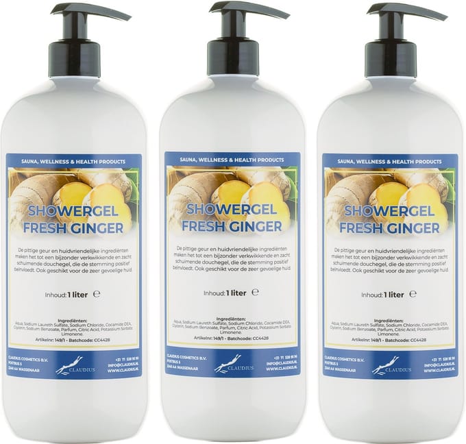 Douchegel Fresh Ginger 1 liter - set van 3 stuks - met gratis pomp - showergel
