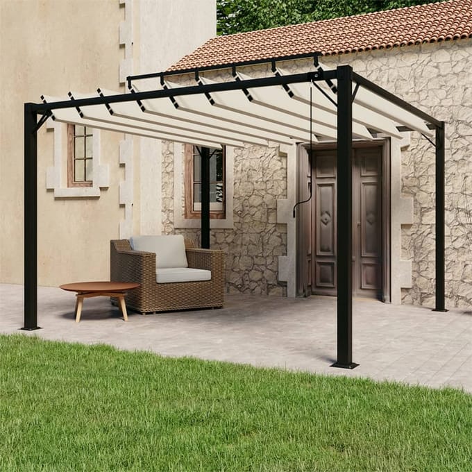 vidaXL - Prieel - met - lamellendak - 3x3 - m - stof - en - aluminium - crèmekleurig