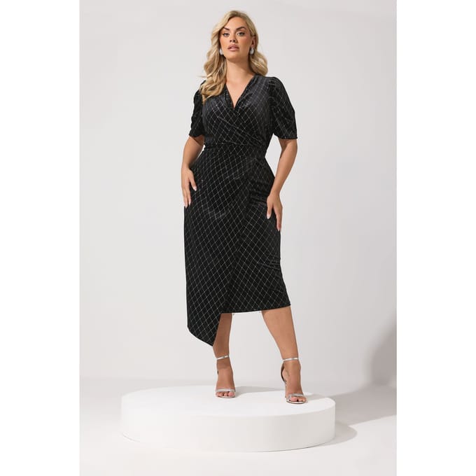Yours London Zwarte Fluwelen Glitterwikkeljurk Size 42