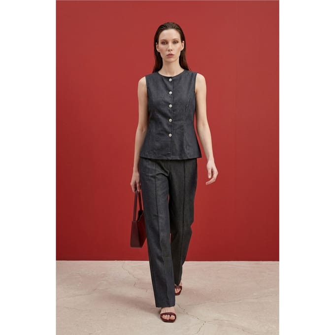 Katoenen Poplin Gilet en Brede Pijpen Broek Set