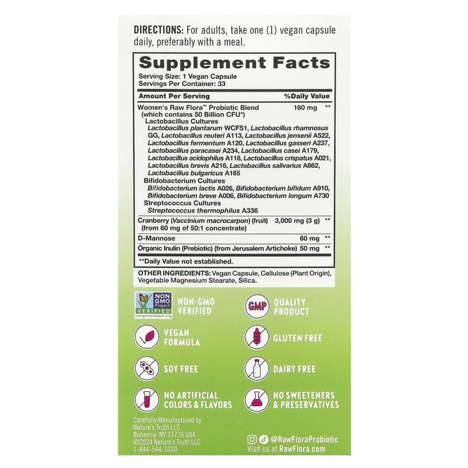 Nature's Truth, Soin Féminin, Raw Flora™ Probiotique-18, 33 Capsules Végétales