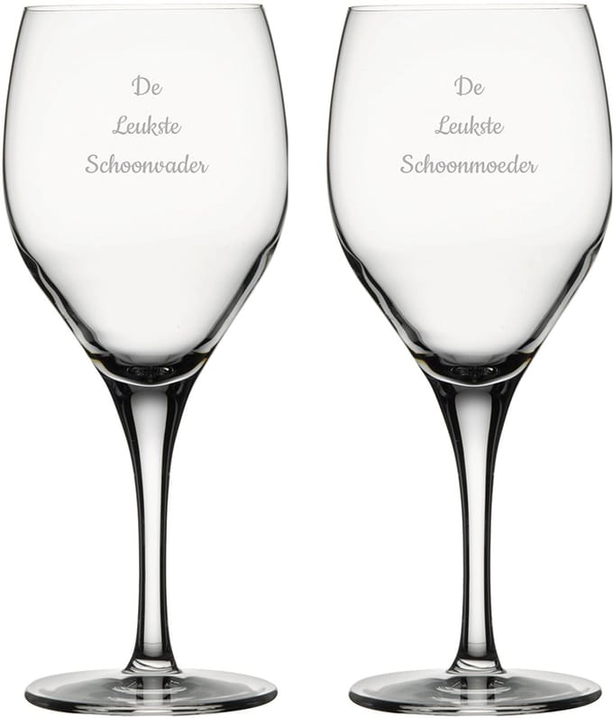 Gegraveerde witte wijnglas 34cl De Leukste Schoonvader-De Leukste Schoonmoeder