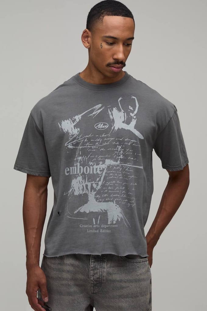 Oversized Boxy Distressed Grunge Print Vintage Washed T-shirt | Washed Charcoal | Size Small