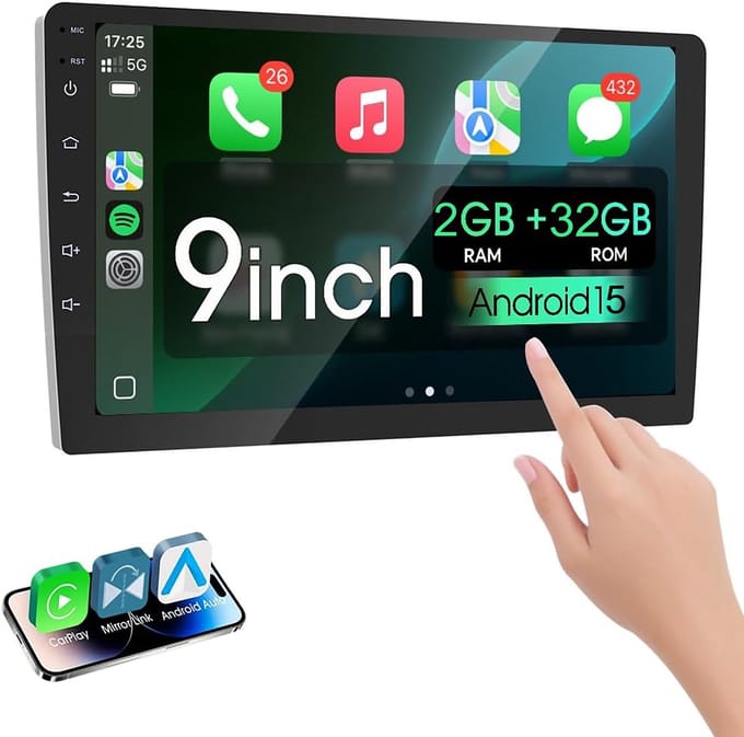 ESSGOO Autoradio 2Din Universeel - Android 15 - Apple Carplay & Android Auto - 9 Inch HD Touchscreen - GPS Navigatiesysteem - 2+32GB