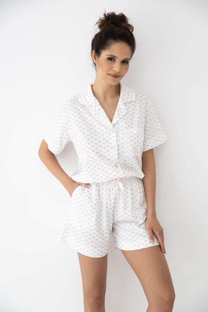 Sensis Katoenen Shortama Dames Bloemenprint Knoopsluiting Wit LESLIE 36 / S