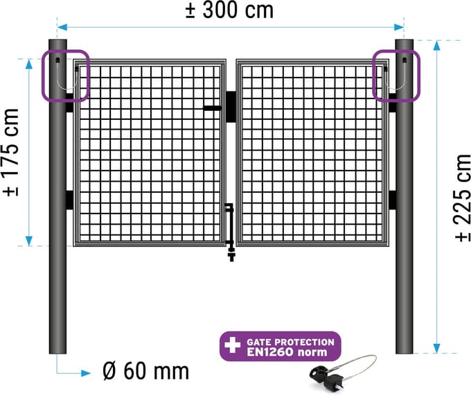 Dubbele poort 175 cm (hoogte) 2 vleugels van 150cm (lengte) RAL 7016 antraciet
