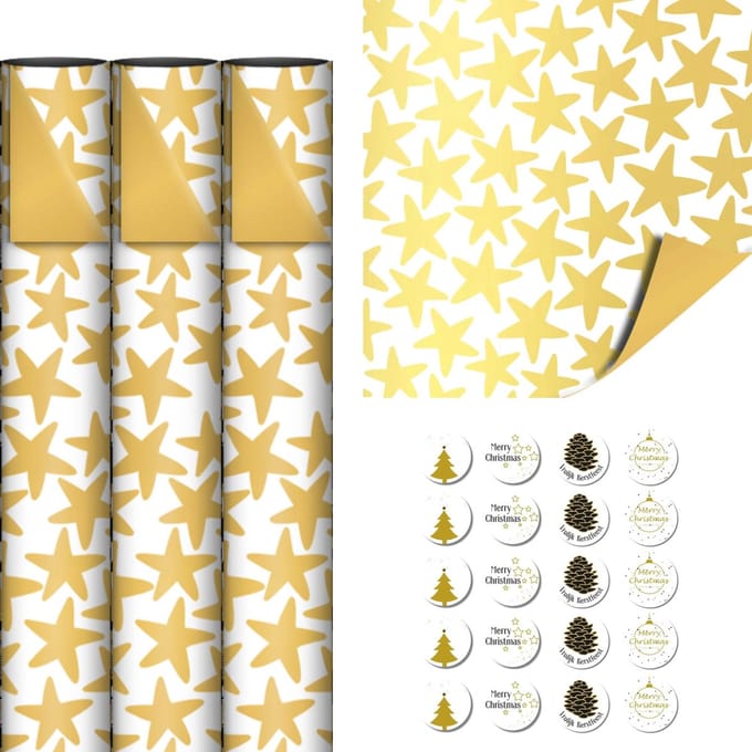 Kerst Cadeaupapier Luxe | 3 Rollen Dubbelzijdig | Wit Goud | + 20 Stickers