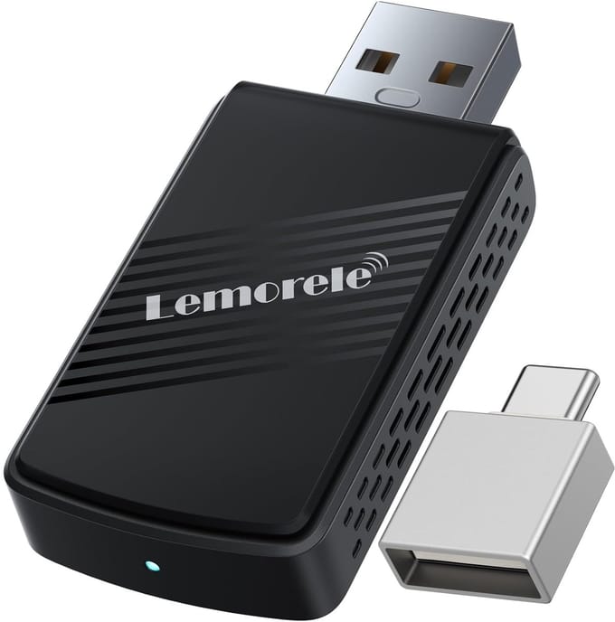 Lemorele P90 - Wireless CarPlay & Android Auto Adapter - 2-in-1 - Bluetooth 5.3 + 5.8GHz WiFi - Plug & Play - Compact Design