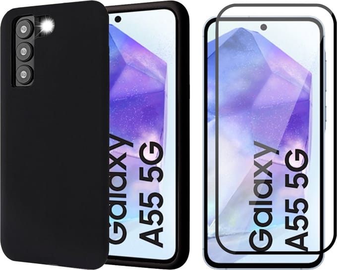 Hoesje geschikt voor Samsung Galaxy A55 - Screenprotector Volledig Dekkend Glas - Mat Back Case Zwart