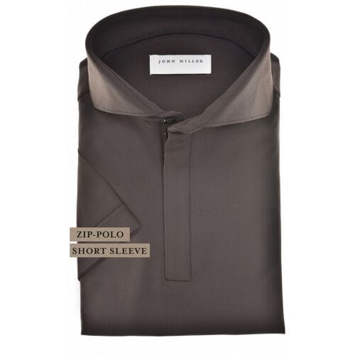 John Miller Polo Slim Plain Hyperstretch Short Sleeve Zip Collar Donker Bruin / male