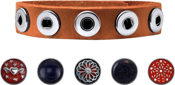 Quiges Dames Leren Armband met 12mm Drukknopen/Chunks Bruin - EBKS057