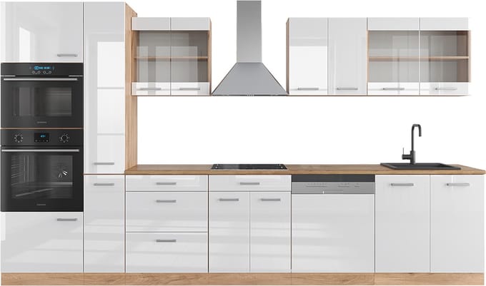 Vicco R-Line Kitchenette – 350 cm met hoge kast, WB Eik Wit hoogglans/goud power eiken