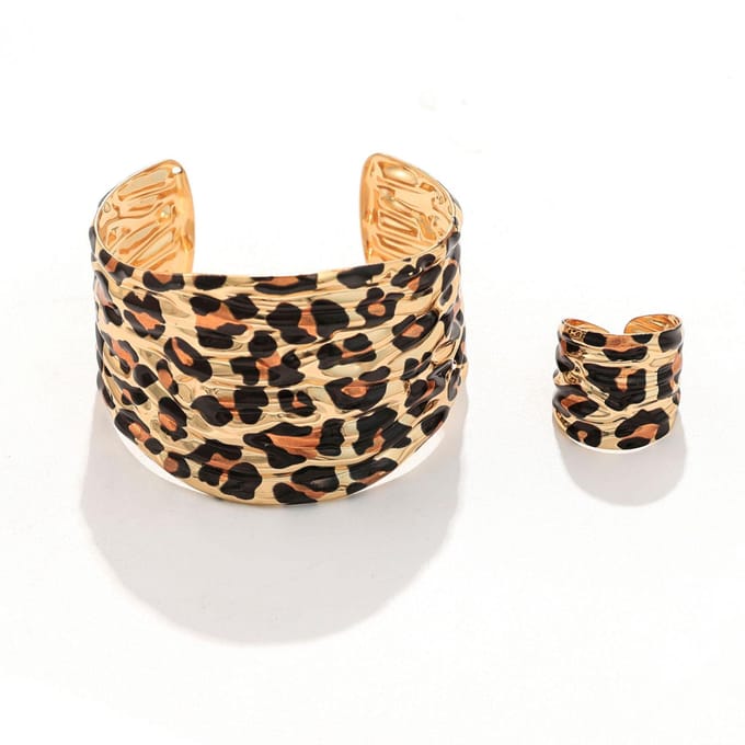 2 stuks/set Gepersonaliseerde Luipaard Onregelmatige Armband Ring Set beige