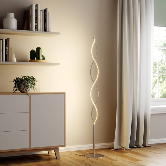 Lindby LED vloerlamp Auron, nikkelkleurig, metaal, touchdimmer