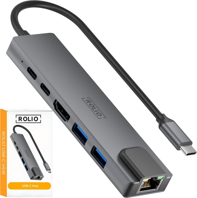 Rolio USB C Hub - 1x HDMI 4K - 1x Ethernet - 2x USB-C - 2x USB-A - USB Splitter - Geschikt voor Macbook Pro / Air / Windows / Universeel