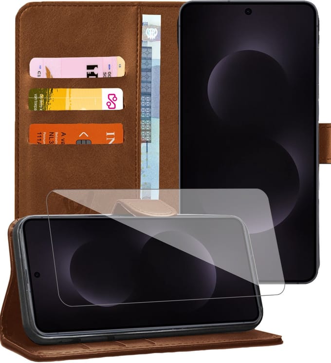 Hoesje geschikt voor Samsung Galaxy S25 Edge - Screenprotector Glas - Portemonnee Book Case Bruin