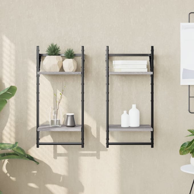vidaXL - Wandschappen - 2-laags - met - stangen - 2 - st - 30x25x65 - cm - grijs - sonoma