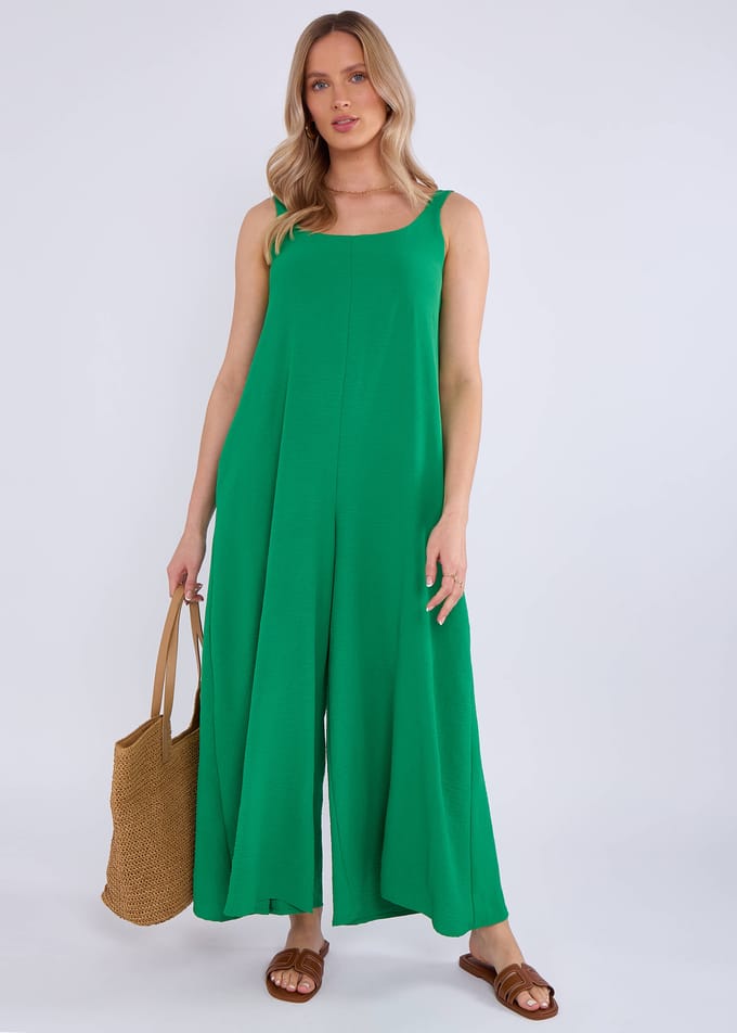Groene Air Flow jumpsuit met bandjes en wijde pijpen
