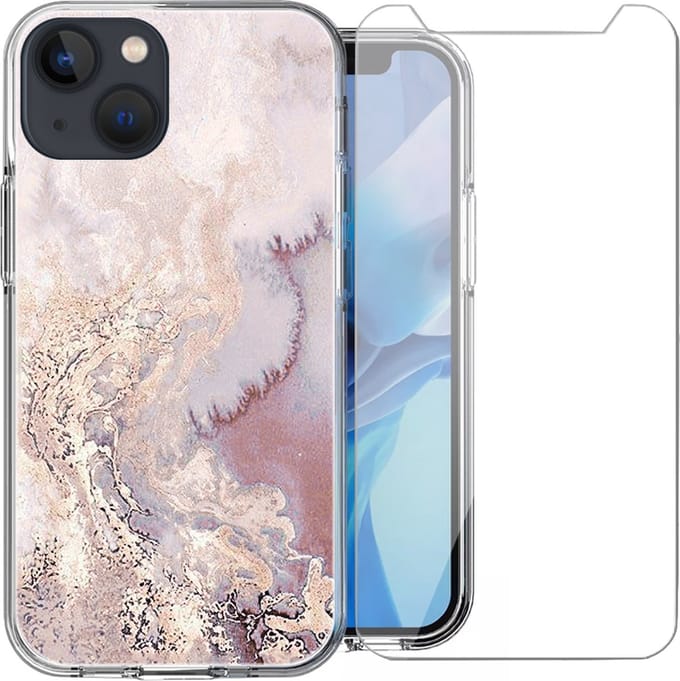 Hoesje geschikt voor iPhone 14 Plus - Siliconen Shock Proof Case Back Cover Hoes Marmer Roze + Screenprotector Gehard Glas Screen Protector