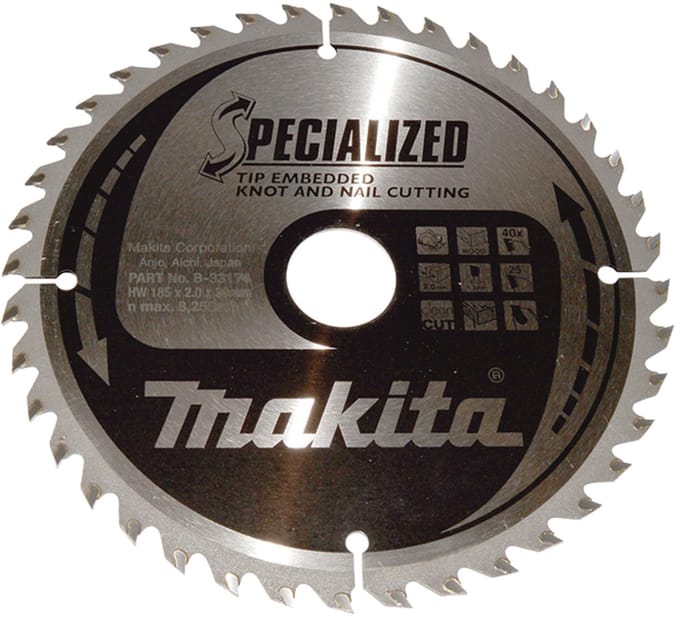 Makita 185 x 30 mm 40-tands Cirkelzaagblad Hout (noest/spijker) | Embedded Tip - B-33174