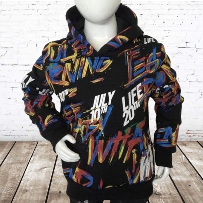 Zwarte kinder hoodie print P145 - Zwart - 110/116