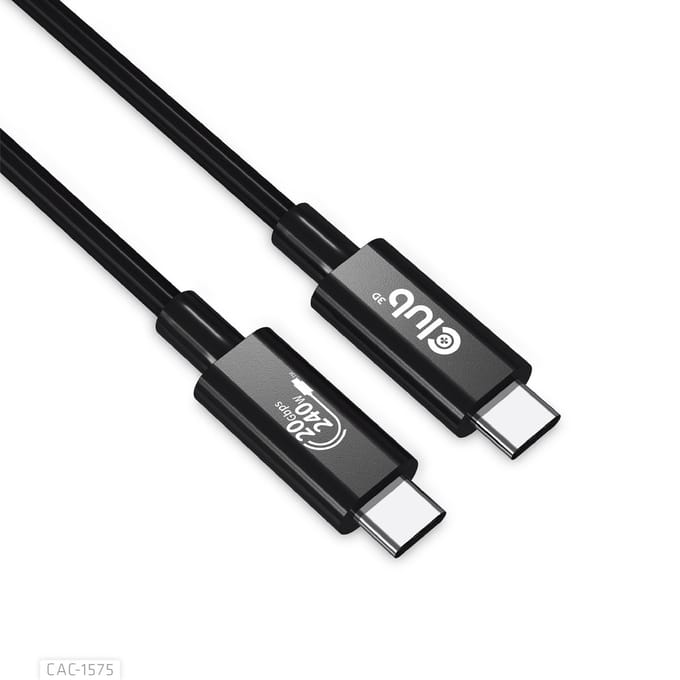 Club 3D USB4 Gen2x2 Type-C Bi-Directionele Kabel 4K60Hz, Data 20Gbps, PD 240W(48V/5A) EPR M/M 2m USB IF GECERTIFCIEERD