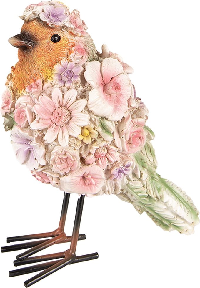 Clayre & Eef Beeld Vogel 7x10x12 cm Roze Polyresin Bloemen
