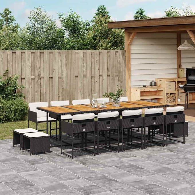 vidaXL - 15-delige - Tuinset - met - kussens - poly - rattan - zwart